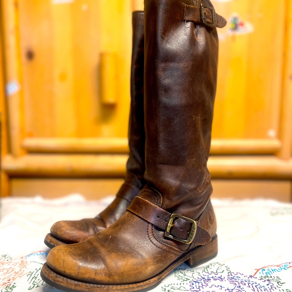 Frye Veronica Tall distressed leather Slouch Boots made in Mexico